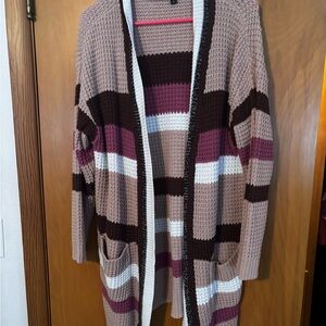 torrid Striped Open-Front Cardigan in Taupe, Plum, Brown & White